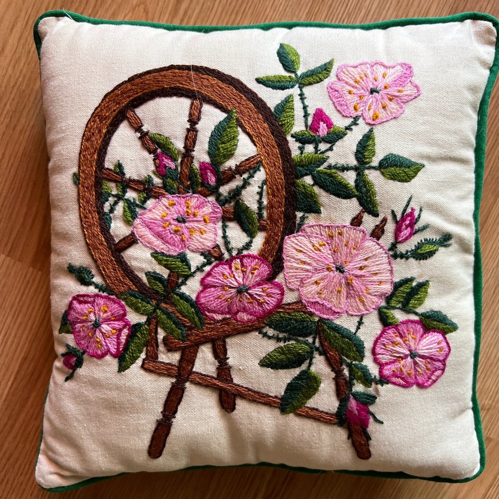Pillow Embroidery Crewel Pink Flowers Spinning Wheel 13" Vtg Boho Handmade
